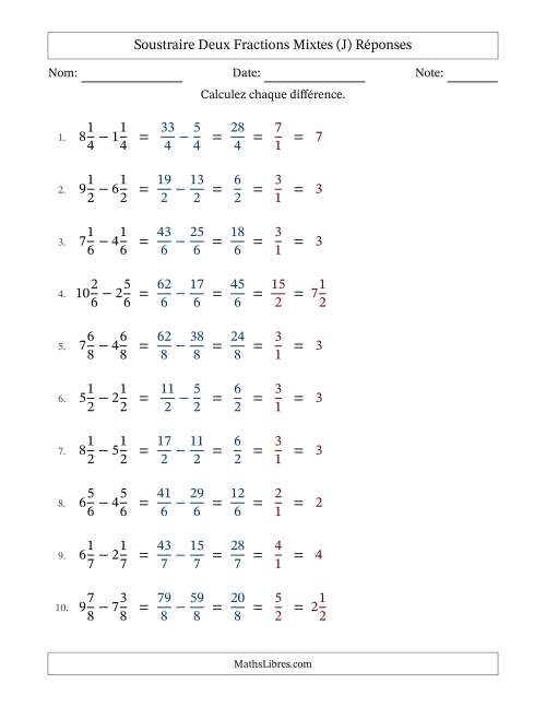 Soustraire deux fractions mixtes avec des dénominateurs égaux, résultats en fractions mixtes, et avec simplification dans tous les problèmes (Remplissable) (J) page 2