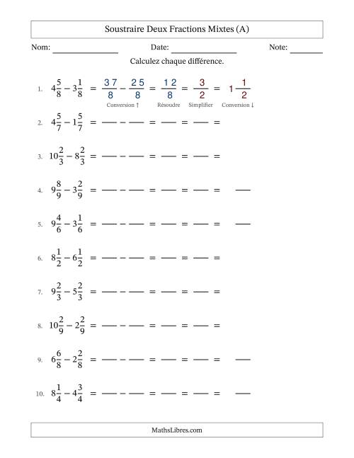 Soustraire deux fractions mixtes avec des dénominateurs égaux, résultats en fractions mixtes, et avec simplification dans tous les problèmes (Remplissable) (Tout)