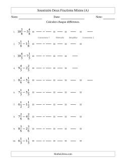 Soustraire deux fractions mixtes avec des dénominateurs égaux, résultats en fractions mixtes, et avec simplification dans quelques problèmes (Remplissable)