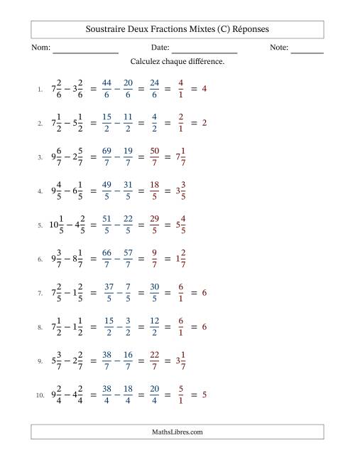 Soustraire deux fractions mixtes avec des dénominateurs égaux, résultats en fractions mixtes, et avec simplification dans quelques problèmes (Remplissable) (C) page 2