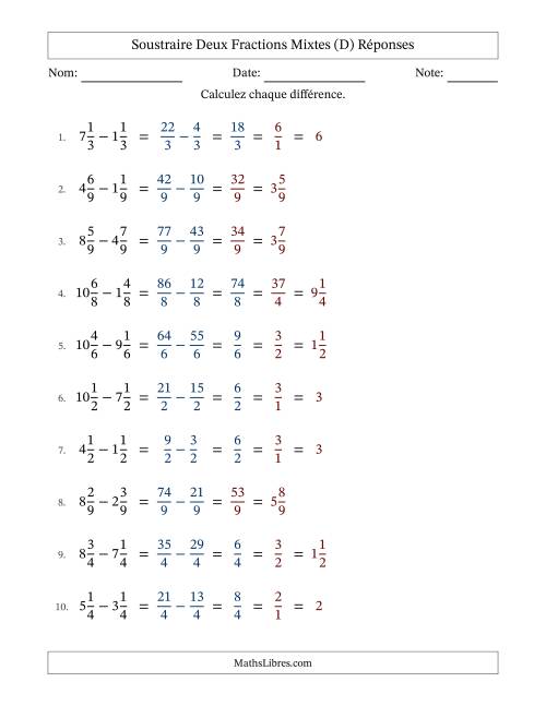Soustraire deux fractions mixtes avec des dénominateurs égaux, résultats en fractions mixtes, et avec simplification dans quelques problèmes (Remplissable) (D) page 2