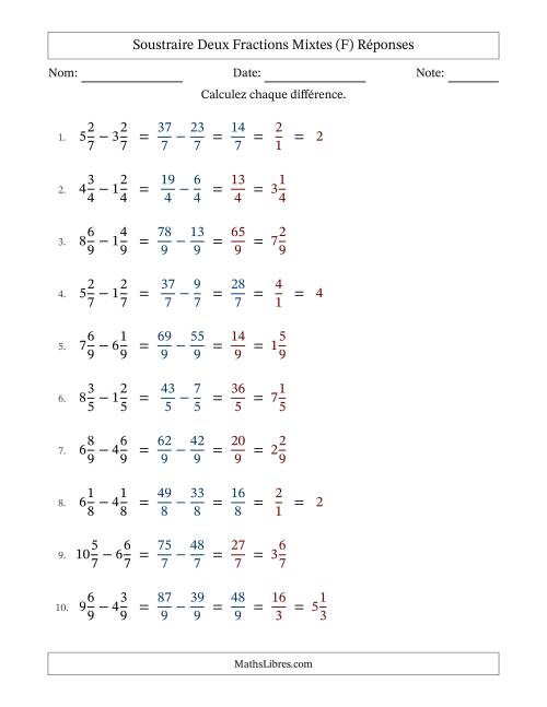 Soustraire deux fractions mixtes avec des dénominateurs égaux, résultats en fractions mixtes, et avec simplification dans quelques problèmes (Remplissable) (F) page 2
