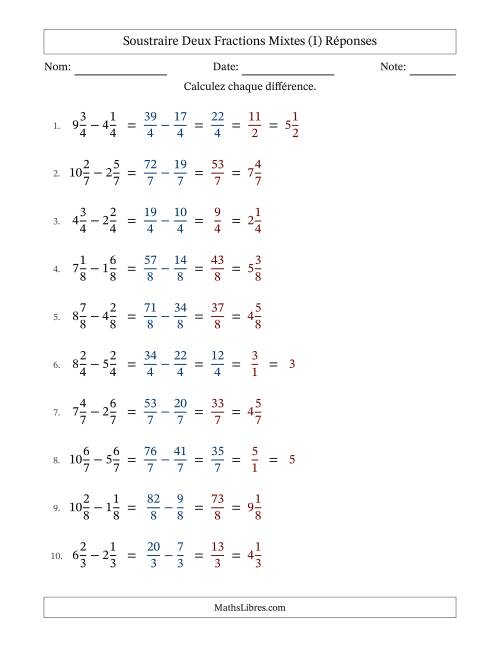 Soustraire deux fractions mixtes avec des dénominateurs égaux, résultats en fractions mixtes, et avec simplification dans quelques problèmes (Remplissable) (I) page 2