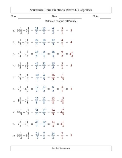 Soustraire deux fractions mixtes avec des dénominateurs égaux, résultats en fractions mixtes, et avec simplification dans quelques problèmes (Remplissable) (J) page 2