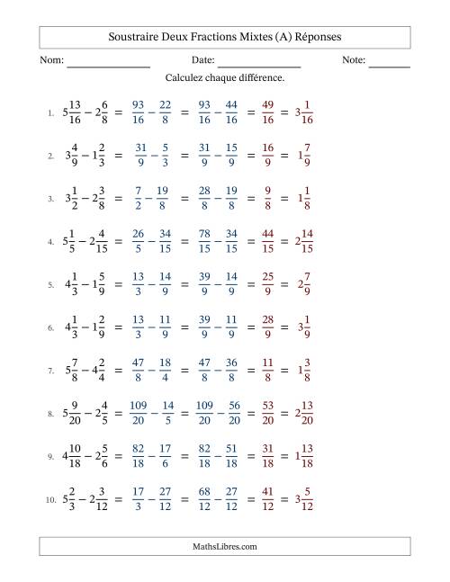 Soustraire deux fractions mixtes avec des dénominateurs similaires, résultats en fractions mixtes, et sans simplification (Remplissable) (A) page 2