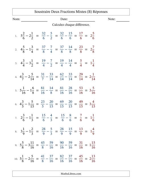 Soustraire deux fractions mixtes avec des dénominateurs similaires, résultats en fractions mixtes, et sans simplification (Remplissable) (B) page 2