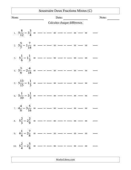 Soustraire deux fractions mixtes avec des dénominateurs similaires, résultats en fractions mixtes, et sans simplification (Remplissable) (C)