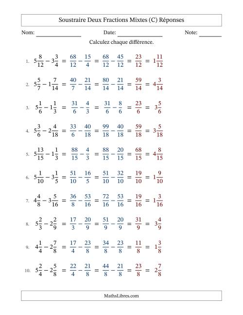 Soustraire deux fractions mixtes avec des dénominateurs similaires, résultats en fractions mixtes, et sans simplification (Remplissable) (C) page 2