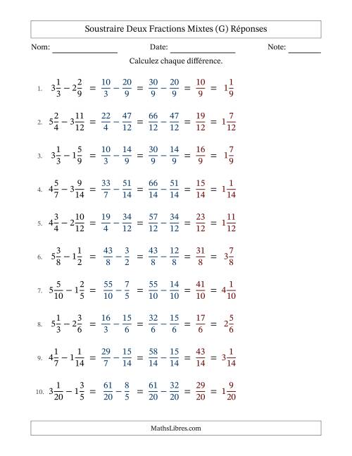 Soustraire deux fractions mixtes avec des dénominateurs similaires, résultats en fractions mixtes, et sans simplification (Remplissable) (G) page 2