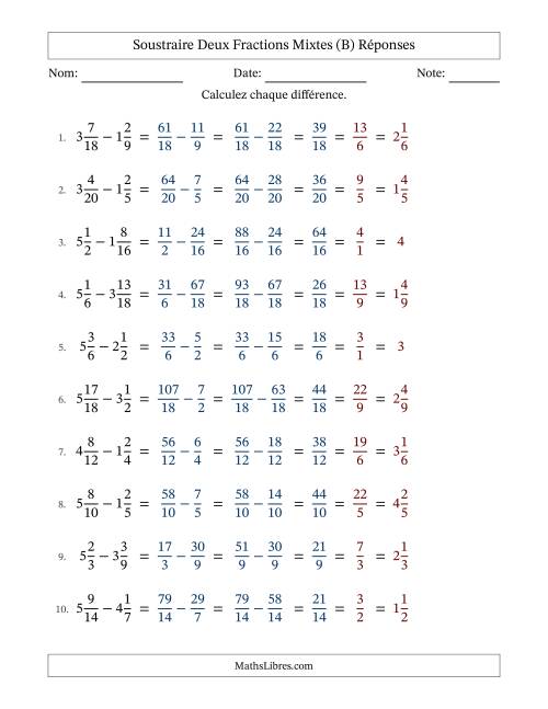 Soustraire deux fractions mixtes avec des dénominateurs similaires, résultats en fractions mixtes, et avec simplification dans tous les problèmes (Remplissable) (B) page 2