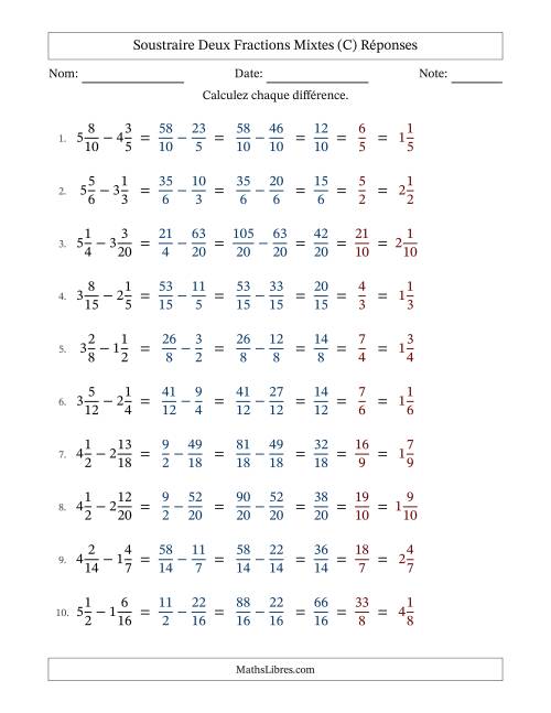 Soustraire deux fractions mixtes avec des dénominateurs similaires, résultats en fractions mixtes, et avec simplification dans tous les problèmes (Remplissable) (C) page 2