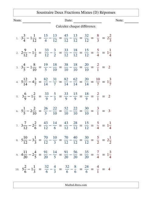 Soustraire deux fractions mixtes avec des dénominateurs similaires, résultats en fractions mixtes, et avec simplification dans tous les problèmes (Remplissable) (D) page 2
