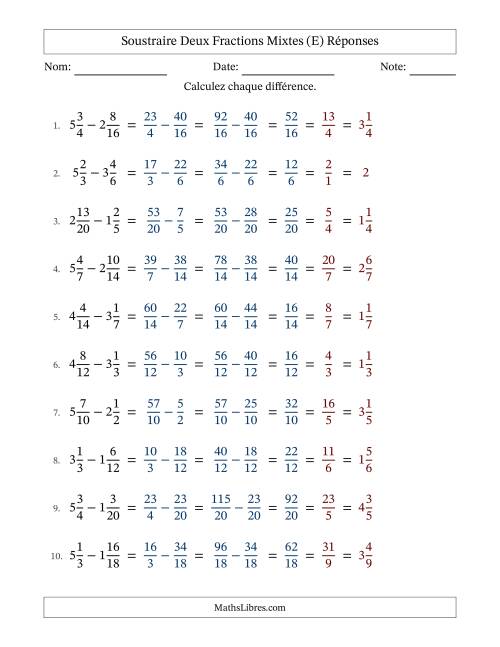 Soustraire deux fractions mixtes avec des dénominateurs similaires, résultats en fractions mixtes, et avec simplification dans tous les problèmes (Remplissable) (E) page 2