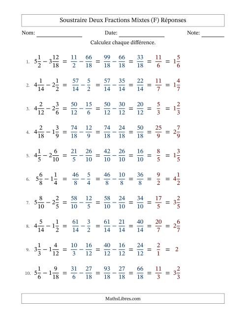 Soustraire deux fractions mixtes avec des dénominateurs similaires, résultats en fractions mixtes, et avec simplification dans tous les problèmes (Remplissable) (F) page 2