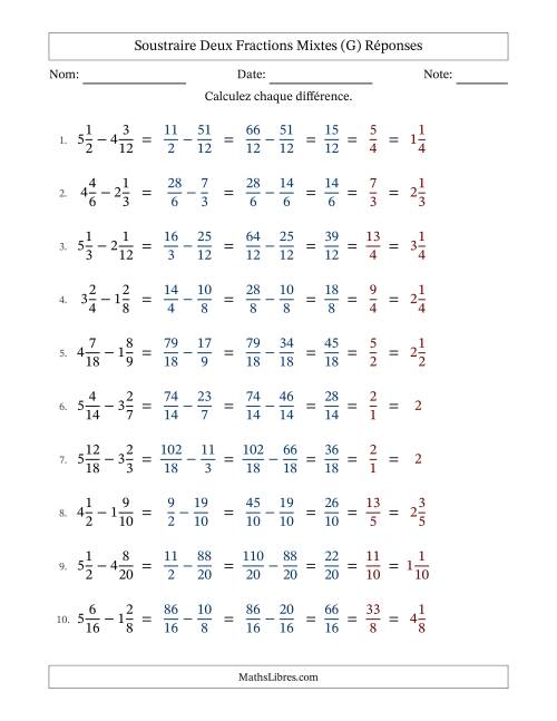 Soustraire deux fractions mixtes avec des dénominateurs similaires, résultats en fractions mixtes, et avec simplification dans tous les problèmes (Remplissable) (G) page 2