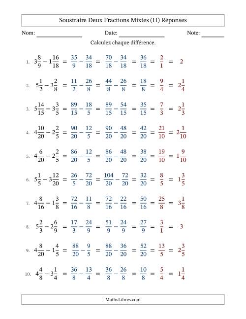 Soustraire deux fractions mixtes avec des dénominateurs similaires, résultats en fractions mixtes, et avec simplification dans tous les problèmes (Remplissable) (H) page 2