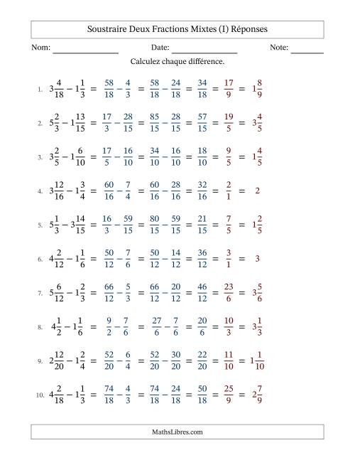 Soustraire deux fractions mixtes avec des dénominateurs similaires, résultats en fractions mixtes, et avec simplification dans tous les problèmes (Remplissable) (I) page 2