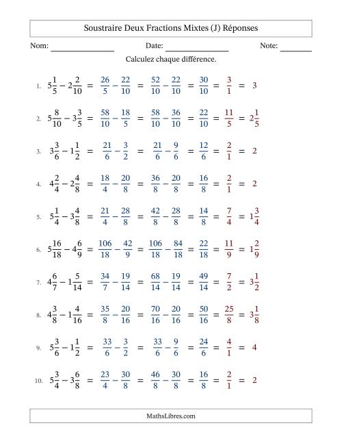 Soustraire deux fractions mixtes avec des dénominateurs similaires, résultats en fractions mixtes, et avec simplification dans tous les problèmes (Remplissable) (J) page 2