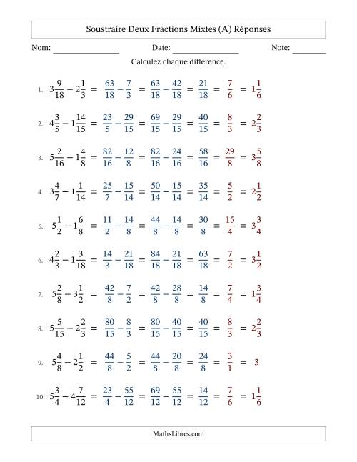 Soustraire deux fractions mixtes avec des dénominateurs similaires, résultats en fractions mixtes, et avec simplification dans tous les problèmes (Remplissable) (Tout) page 2