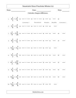 Soustraire deux fractions mixtes avec des dénominateurs similaires, résultats en fractions mixtes, et avec simplification dans quelques problèmes (Remplissable)