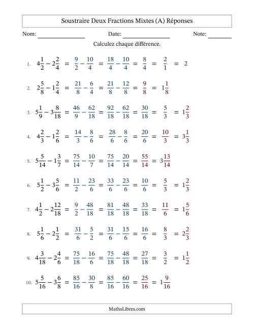 Soustraire deux fractions mixtes avec des dénominateurs similaires, résultats en fractions mixtes, et avec simplification dans quelques problèmes (Remplissable) (A) page 2