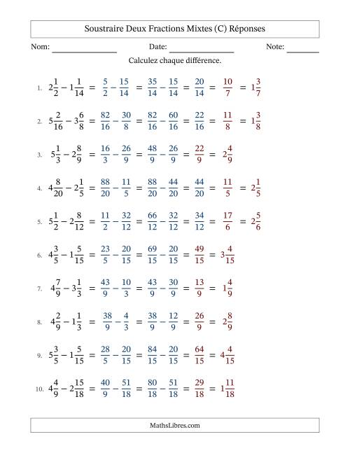 Soustraire deux fractions mixtes avec des dénominateurs similaires, résultats en fractions mixtes, et avec simplification dans quelques problèmes (Remplissable) (C) page 2