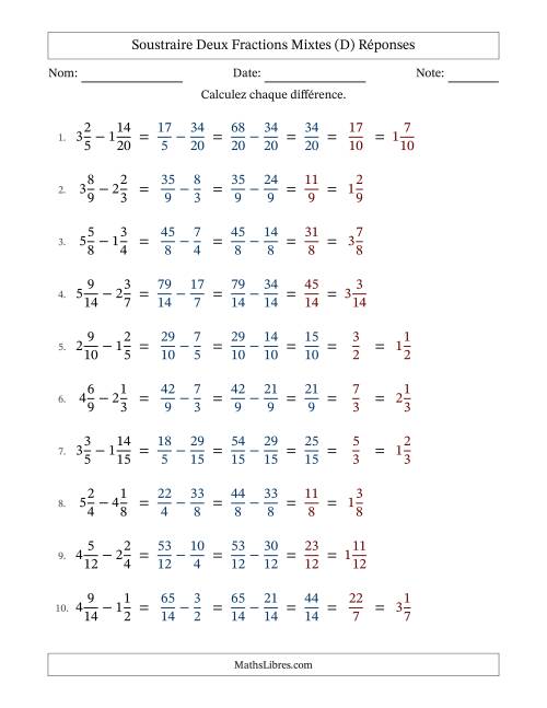 Soustraire deux fractions mixtes avec des dénominateurs similaires, résultats en fractions mixtes, et avec simplification dans quelques problèmes (Remplissable) (D) page 2