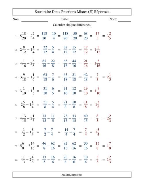 Soustraire deux fractions mixtes avec des dénominateurs similaires, résultats en fractions mixtes, et avec simplification dans quelques problèmes (Remplissable) (E) page 2