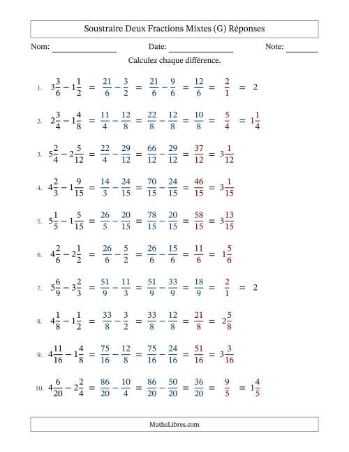 Soustraire deux fractions mixtes avec des dénominateurs similaires, résultats en fractions mixtes, et avec simplification dans quelques problèmes (Remplissable) (G) page 2