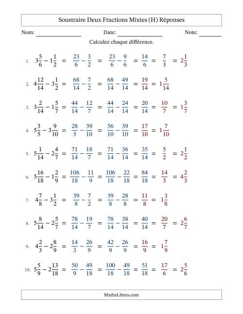 Soustraire deux fractions mixtes avec des dénominateurs similaires, résultats en fractions mixtes, et avec simplification dans quelques problèmes (Remplissable) (H) page 2