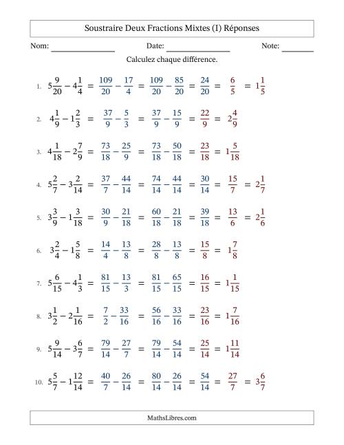 Soustraire deux fractions mixtes avec des dénominateurs similaires, résultats en fractions mixtes, et avec simplification dans quelques problèmes (Remplissable) (I) page 2