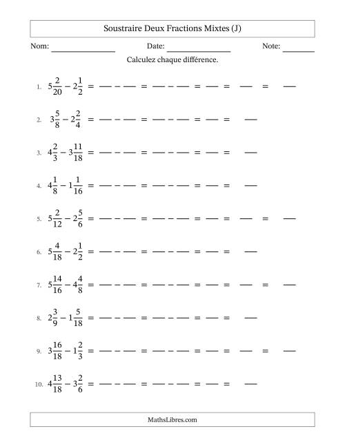 Soustraire deux fractions mixtes avec des dénominateurs similaires, résultats en fractions mixtes, et avec simplification dans quelques problèmes (Remplissable) (J)