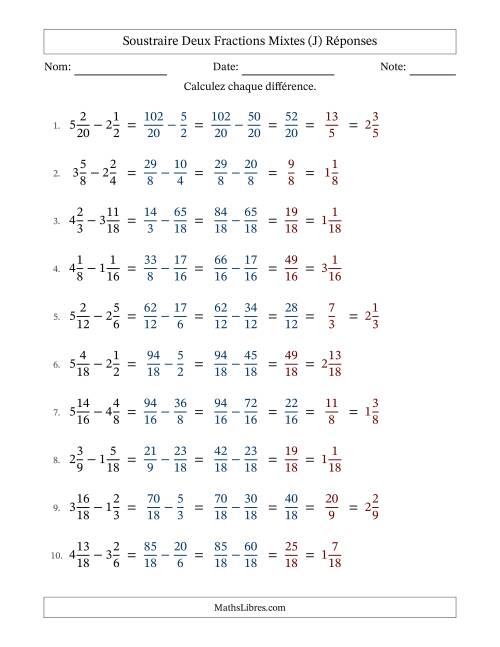 Soustraire deux fractions mixtes avec des dénominateurs similaires, résultats en fractions mixtes, et avec simplification dans quelques problèmes (Remplissable) (J) page 2