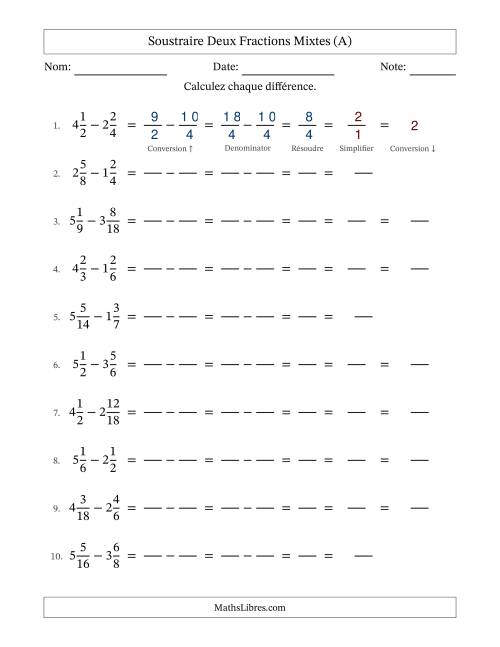 Soustraire deux fractions mixtes avec des dénominateurs similaires, résultats en fractions mixtes, et avec simplification dans quelques problèmes (Remplissable) (Tout)