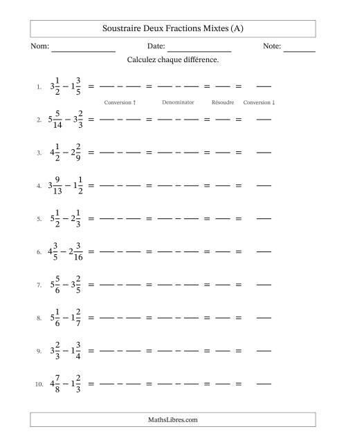 Soustraire deux fractions mixtes avec des dénominateurs différents, résultats en fractions mixtes, et sans simplification (Remplissable) (A)
