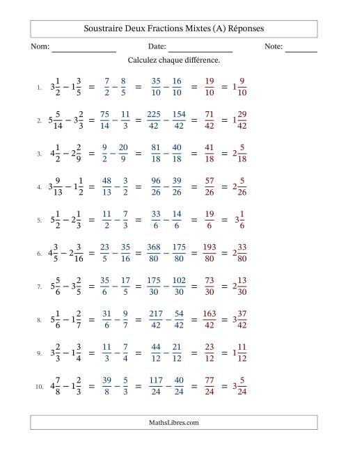 Soustraire deux fractions mixtes avec des dénominateurs différents, résultats en fractions mixtes, et sans simplification (Remplissable) (A) page 2
