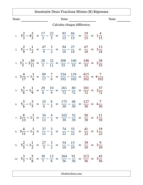 Soustraire deux fractions mixtes avec des dénominateurs différents, résultats en fractions mixtes, et sans simplification (Remplissable) (B) page 2