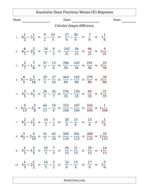 Soustraire deux fractions mixtes avec des dénominateurs différents, résultats en fractions mixtes, et sans simplification (Remplissable) (D) page 2