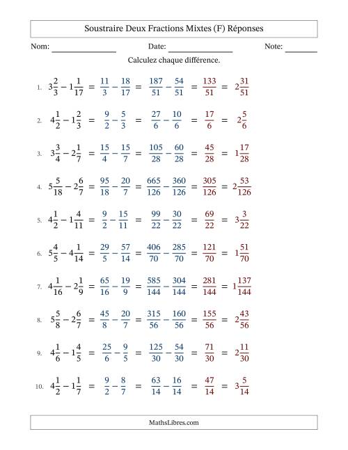 Soustraire deux fractions mixtes avec des dénominateurs différents, résultats en fractions mixtes, et sans simplification (Remplissable) (F) page 2