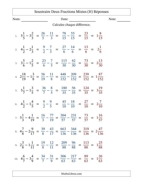 Soustraire deux fractions mixtes avec des dénominateurs différents, résultats en fractions mixtes, et sans simplification (Remplissable) (H) page 2