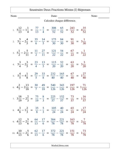 Soustraire deux fractions mixtes avec des dénominateurs différents, résultats en fractions mixtes, et sans simplification (Remplissable) (I) page 2