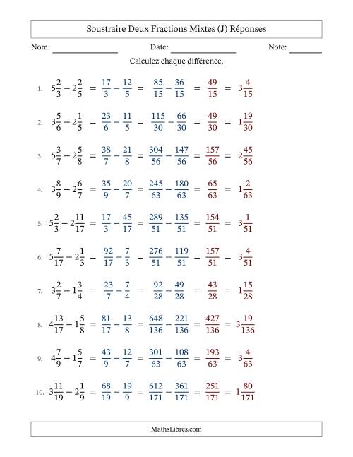 Soustraire deux fractions mixtes avec des dénominateurs différents, résultats en fractions mixtes, et sans simplification (Remplissable) (J) page 2