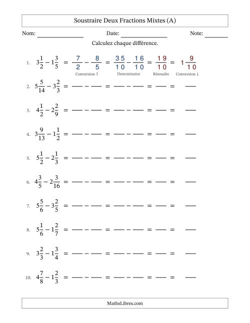 Soustraire deux fractions mixtes avec des dénominateurs différents, résultats en fractions mixtes, et sans simplification (Remplissable) (Tout)