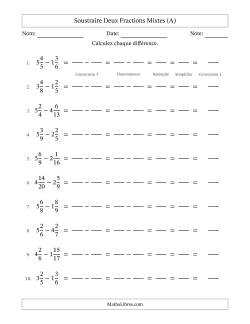 Soustraire deux fractions mixtes avec des dénominateurs différents, résultats en fractions mixtes, et avec simplification dans tous les problèmes (Remplissable)