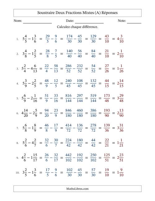 Soustraire deux fractions mixtes avec des dénominateurs différents, résultats en fractions mixtes, et avec simplification dans tous les problèmes (Remplissable) (A) page 2