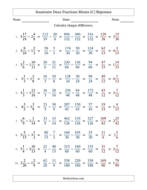 Soustraire deux fractions mixtes avec des dénominateurs différents, résultats en fractions mixtes, et avec simplification dans tous les problèmes (Remplissable) (C) page 2