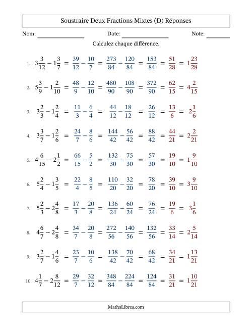 Soustraire deux fractions mixtes avec des dénominateurs différents, résultats en fractions mixtes, et avec simplification dans tous les problèmes (Remplissable) (D) page 2