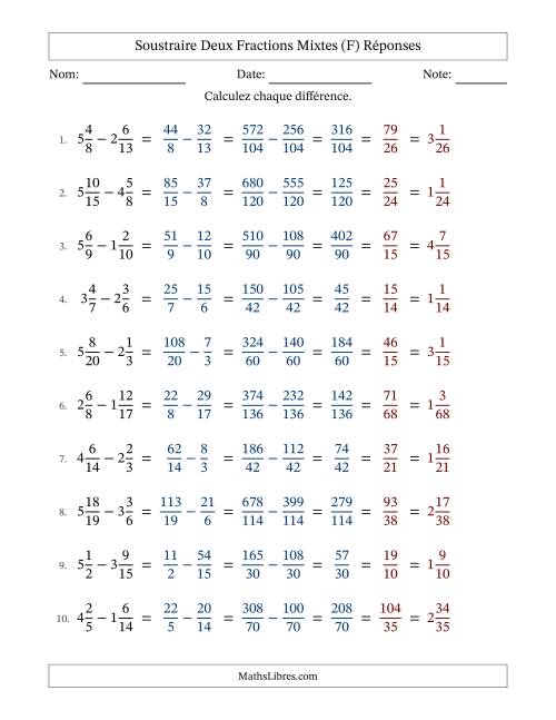 Soustraire deux fractions mixtes avec des dénominateurs différents, résultats en fractions mixtes, et avec simplification dans tous les problèmes (Remplissable) (F) page 2