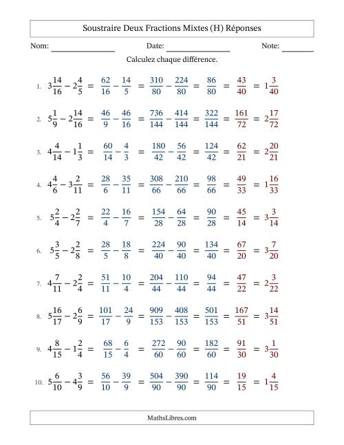 Soustraire deux fractions mixtes avec des dénominateurs différents, résultats en fractions mixtes, et avec simplification dans tous les problèmes (Remplissable) (H) page 2