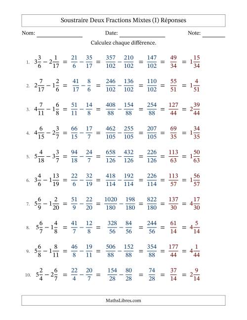 Soustraire deux fractions mixtes avec des dénominateurs différents, résultats en fractions mixtes, et avec simplification dans tous les problèmes (Remplissable) (I) page 2
